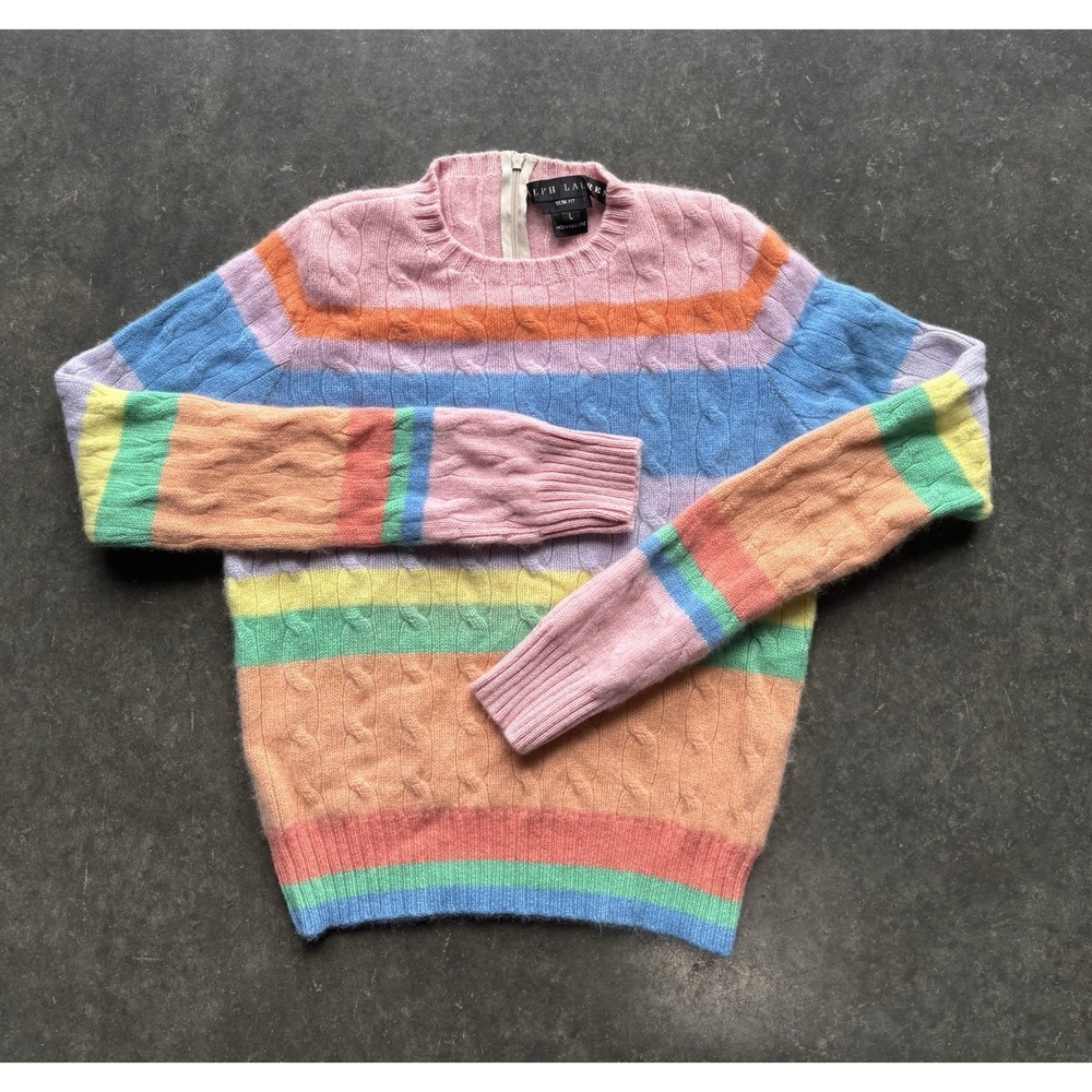 Ralph Lauren Black Label Slim Fit Cable Knit Rainbow Cashmere Sweater Size Large